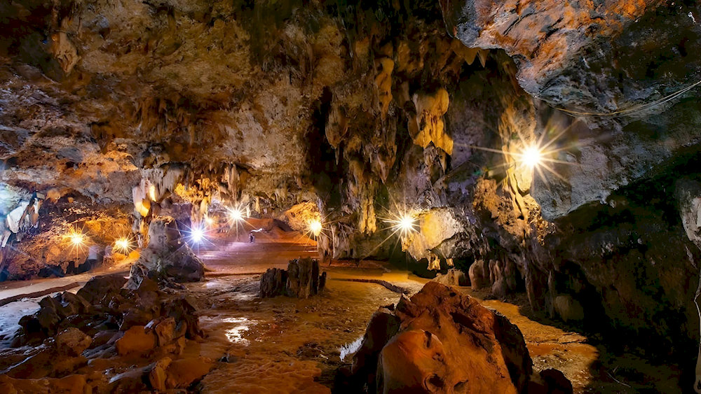 Various-shaped stalactite formations inside the cave
